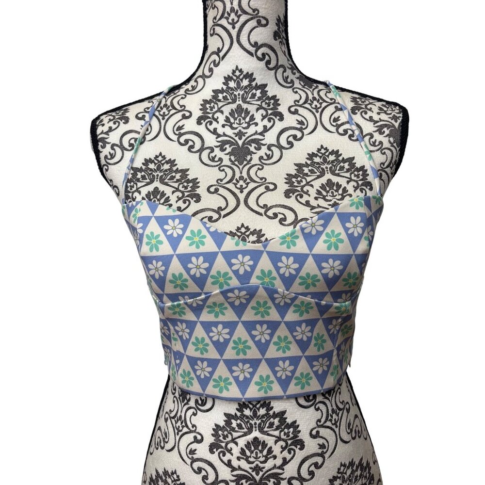 Zara S Blue & White Geometric Retro Boho Floral Print Crop Top Y2K
